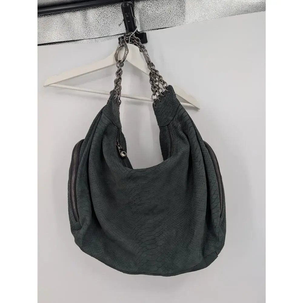 Henri Bendel Green Suede Leather Hobo Chain Strap Shoulder Bag Purple Interior